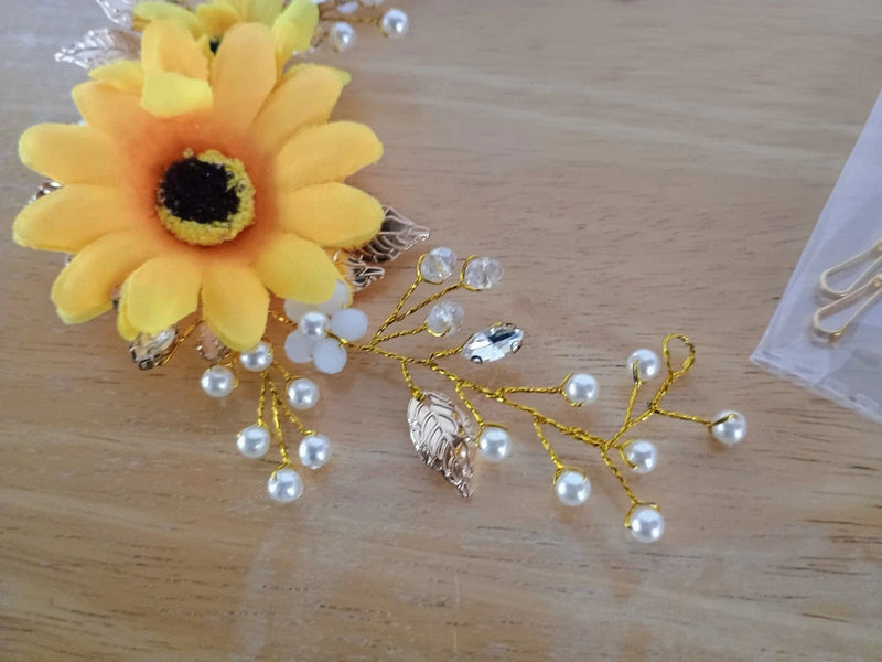 Sunflower gold metal wire hair accessory with yellow flower and pearl drops