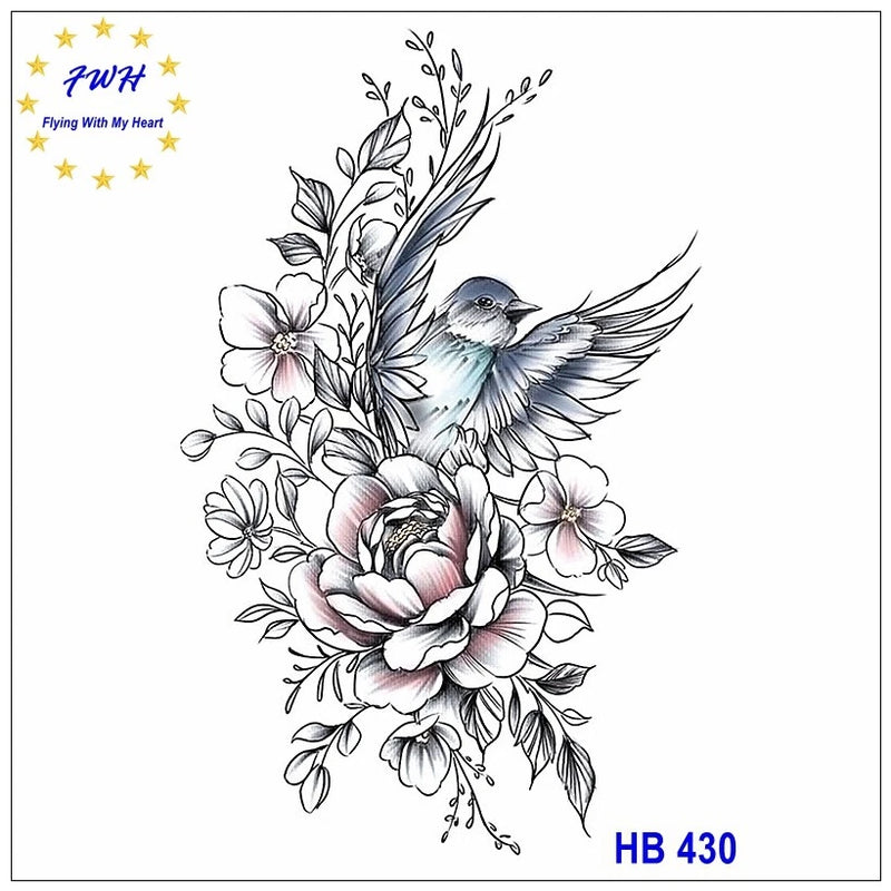Waterproof temporary tattoo sheet with blue bird and peony flower bouquet design