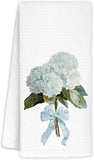 Hydrangea Floral Kitchen Towels, Coquette Bow Blue Hydrangea Hand Towels for Bat Hydrangea