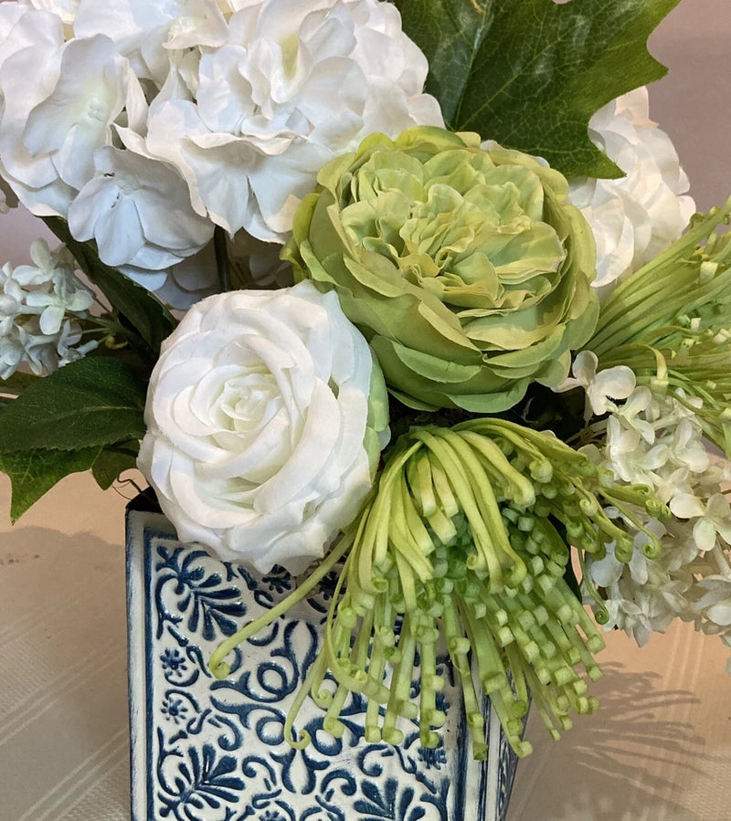 Stylish White Hydrangeas,Roses, & Lilacs Floral Arrangement Hydrangea