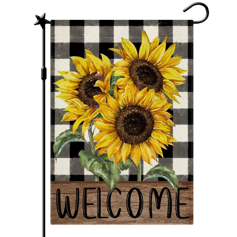 Sunflower welcome garden flag with buffalo plaid background and WELCOME text