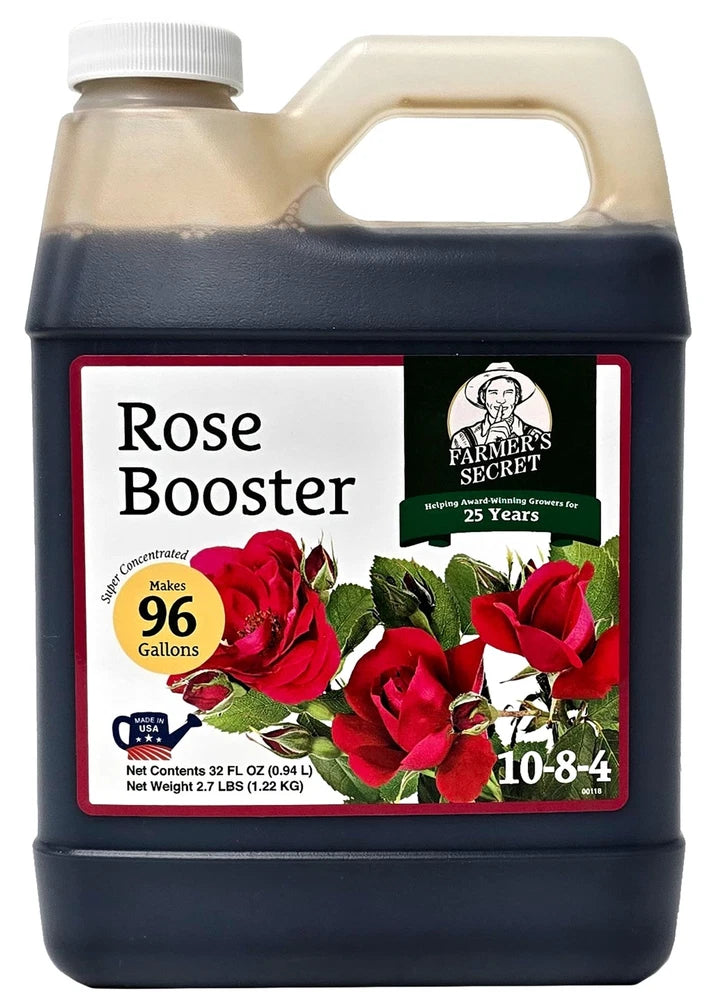 Rose Booster liquid fertilizer bottle with label, 10-8-4 formula, 32 oz size