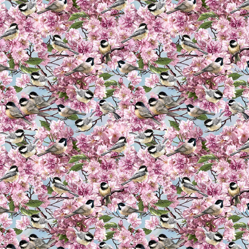 Blue Chickadee On Blossom Tree Timeless Treasures BTY  44 Inches Wide Flowering Plants