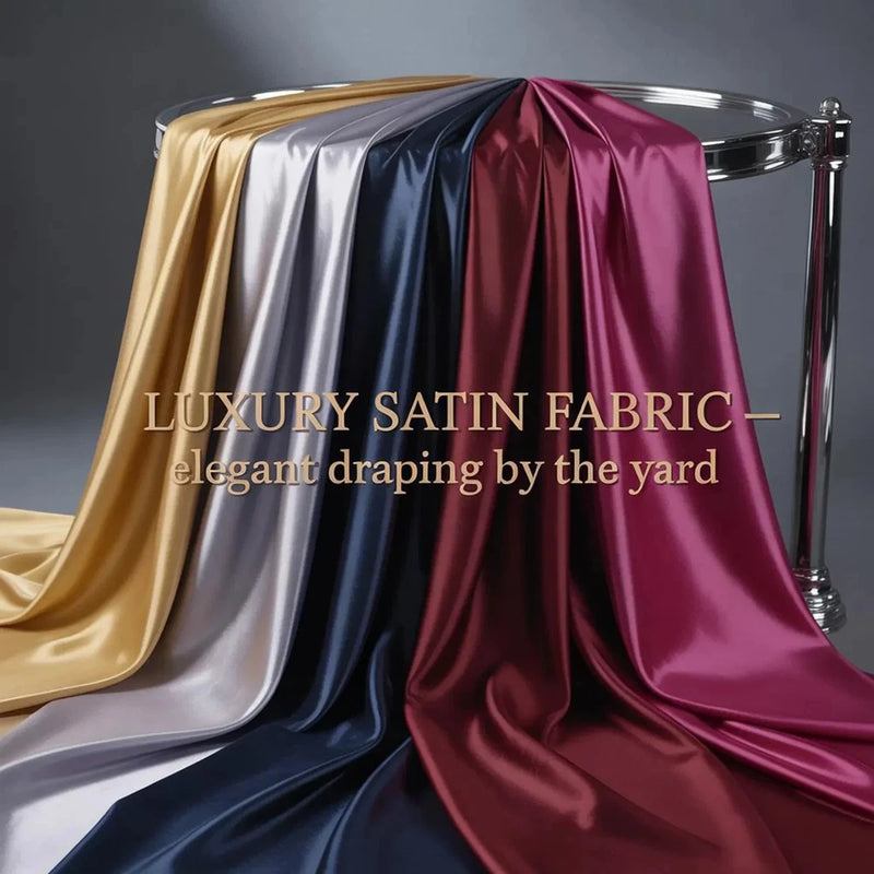 Stretch satin fabric swatches in gold, silver, navy, and burgundy with smooth drape