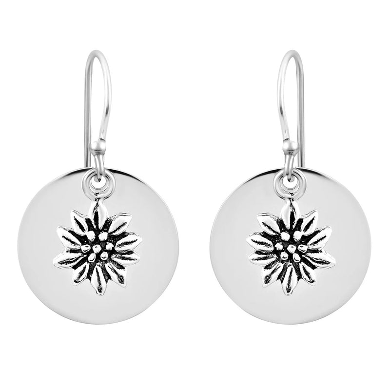 Sterling silver round dangle earrings with sunflower charm and textured petals