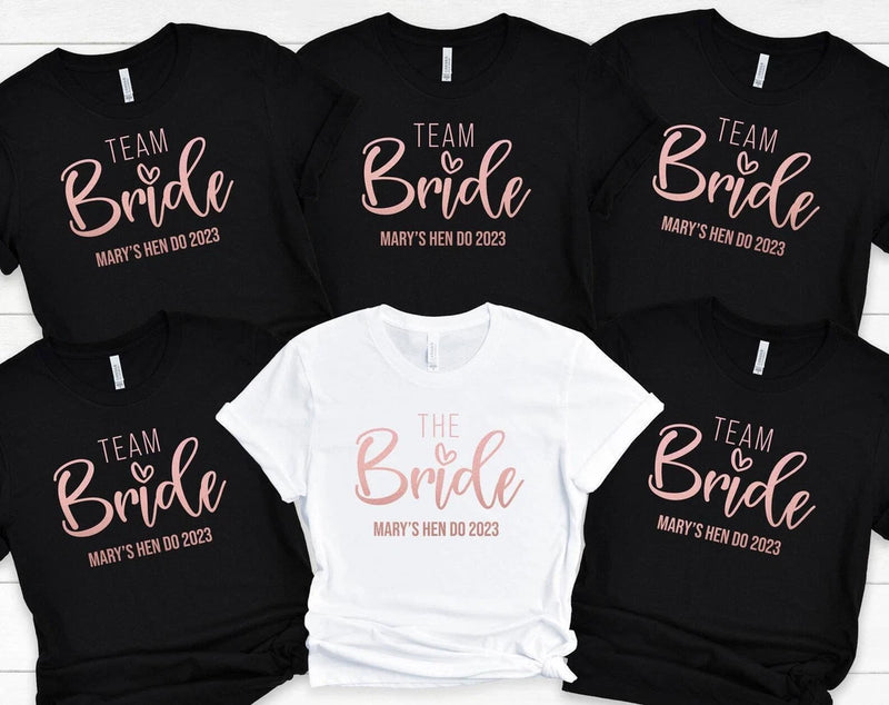 Team Bride hen party T-shirts, black and white crew neck with rose graphic and date print