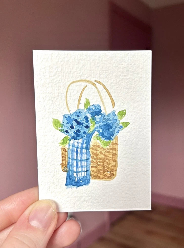 Original ACEO Blue Hydrangea Basket Painting Floral Watercolor Art 2.5x3.5 Hydrangea