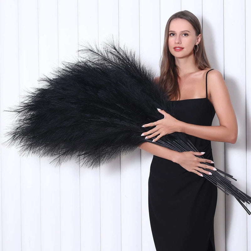 8 Pcs 45" Tall Faux Black Pampas Grass Decor - Large Artificial Pompous Stems Pampas Grass