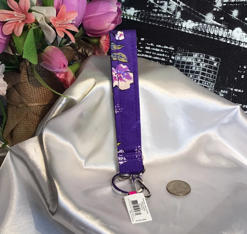 Purple rose-pattern wristlet keychain with key ring and clip