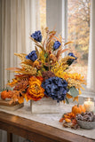 Navy blue and orange fall floral arrangement, bright autumn flower arrangement Peony