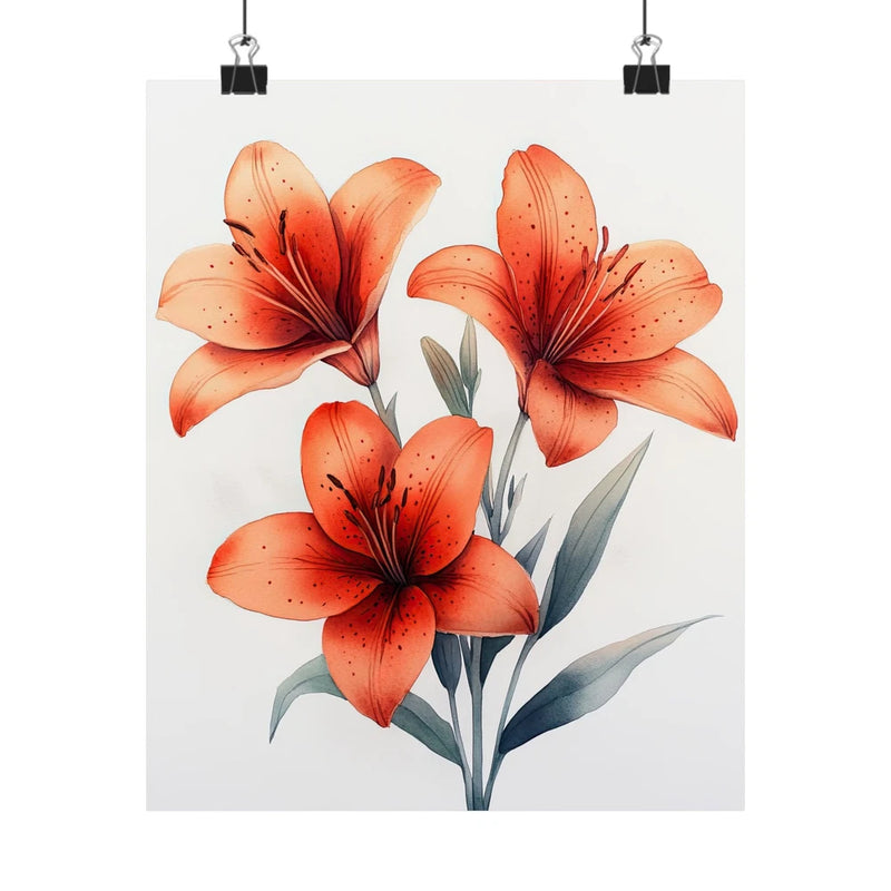Floral lily art print poster with orange-red blossoms and green leaves on a light background