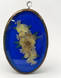 VTG Pressed Flower Oval Blue Glass Panel Real Dried Flowers & Copper Foil Frame Dried Flower