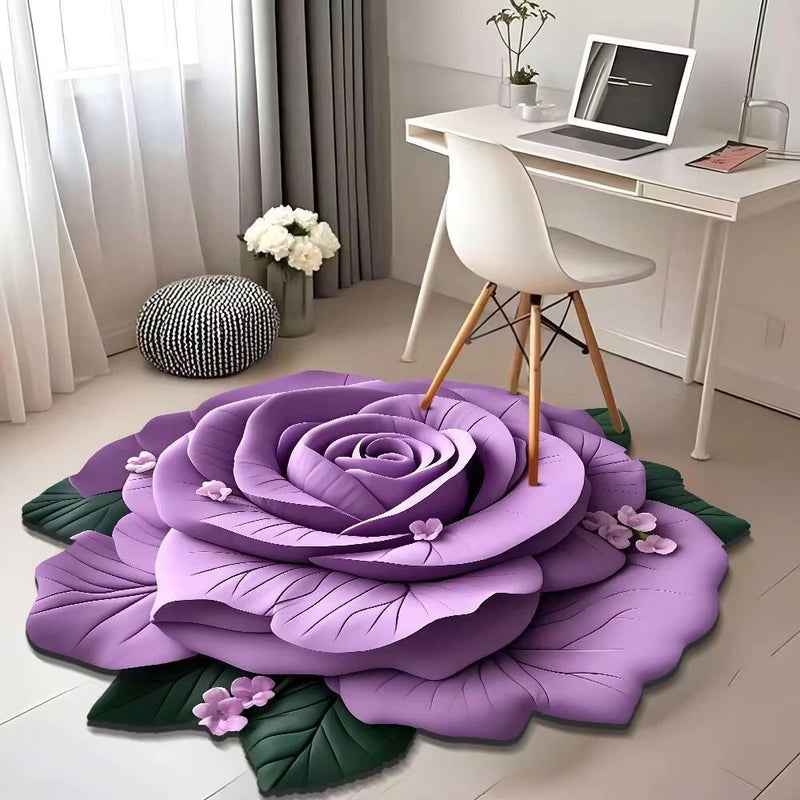 Peony flower floor mat, purple layered petals with green leaves and small pink blossoms