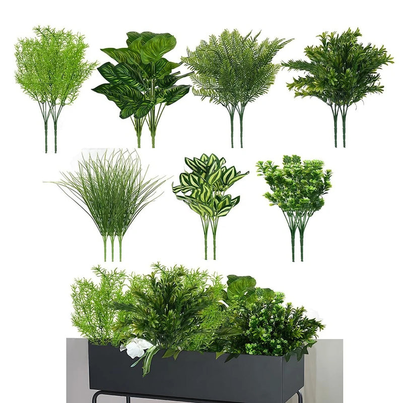 15-piece artificial outdoor faux plants set with green boxwood and leafy sprigs in pot