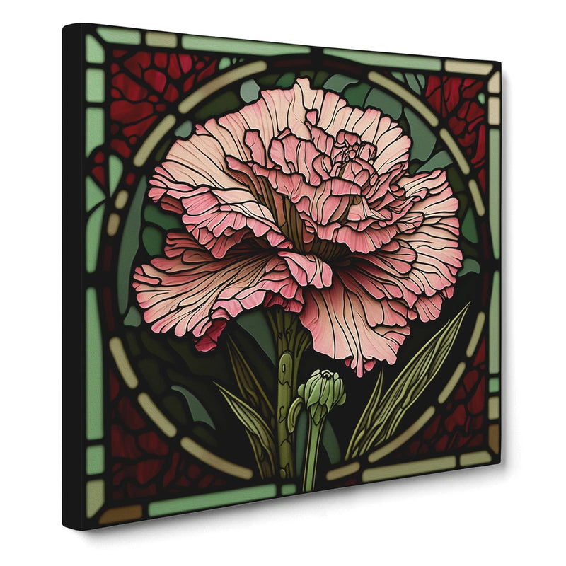 Framed canvas wall art with pink carnation in stained-glass style, green leaves