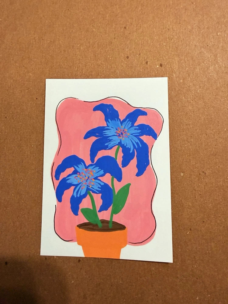 Original OOAK blue lily acrylic marker artwork on paper, 2.5x3.5, pink and green flowers