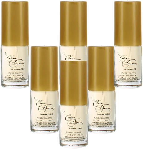Mini EDT perfume set for women: 6 clear glass bottles with gold caps and labels