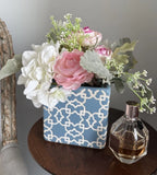 Artificial Floral Arrangement Pink White Flowers Blue Ceramic Vase 9Ó Tall Decor Hydrangea