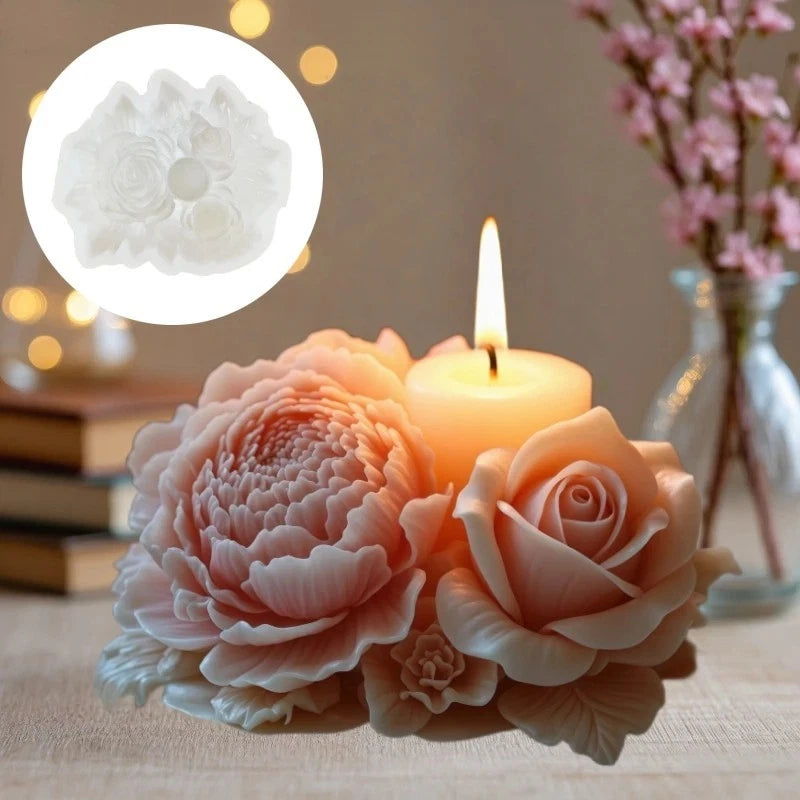 Peony bud bouquet candle with pink and white flower-shaped wax, lit wick