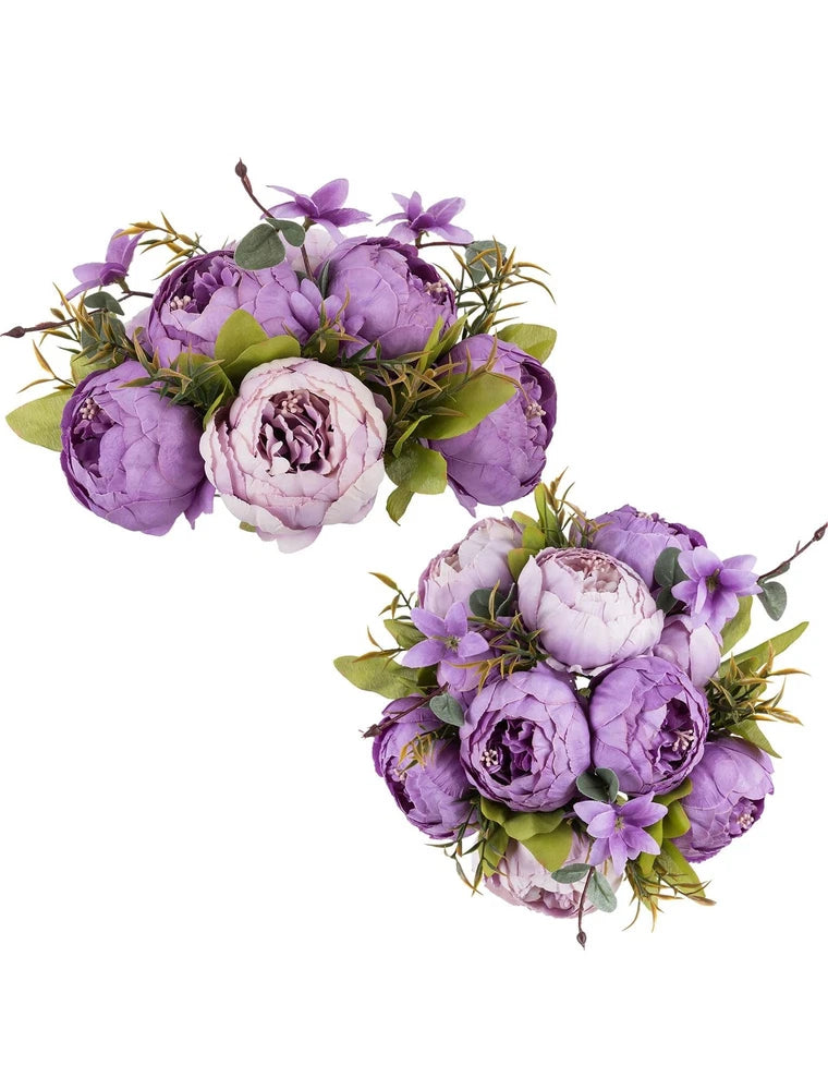 Artificial light purple peony floral ball centerpieces with white blooms and green leaves (2 pcs)