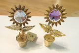 Figurine- Set of 2 Sunflowers in Pots- gold plated- blue purple Spectra crystal Sunflower