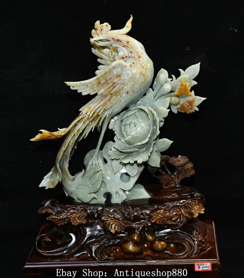 Jade phoenix and peony carving statue with pale green bird and dark brown base