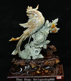 18.1'' Chinese Natural Xiu Jade Carving Peony Flower Phoenix Phenix Statue Peony