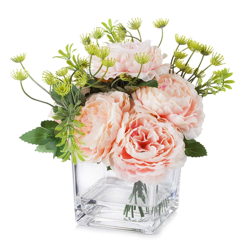 ENOVA HOME Mixed Silk Peony Flower in Cube Glass Vase with Faux Water Pink Peony