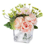ENOVA HOME Mixed Silk Peony Flower in Cube Glass Vase with Faux Water Pink Peony