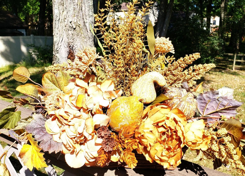 Neutral fall centerpiece, hydrangea and peony fall flower arrangement Hydrangea