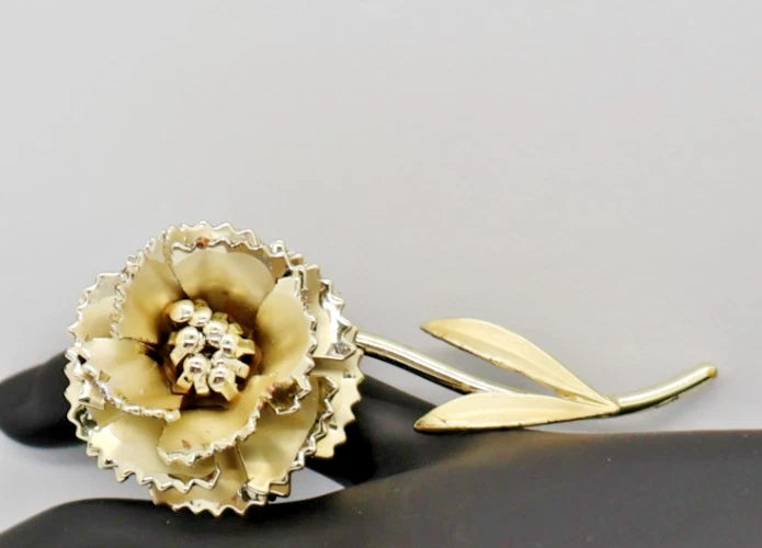 Vintage Gold Tone Stemmed Carnation  Brooch with Brushed Satin Petals and Leaves Carnation