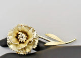Vintage Gold Tone Stemmed Carnation  Brooch with Brushed Satin Petals and Leaves Carnation