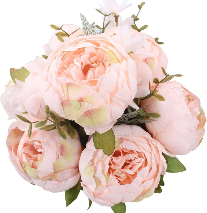 Artificial peony flower bouquet with pink and peach blooms and green leaves