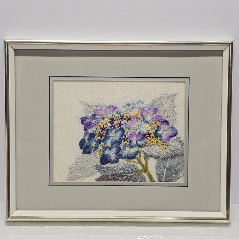 Vintage 90s Handmade Punch Embroidery Hydrangea Flowers Boho Floral Framed Art Hydrangea
