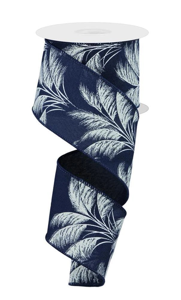 Pampas Grass Ribbon, Navy Blue/Ivory/White, Royal Burlap, Wired Ribbon, 2.5Ó wid Pampas Grass