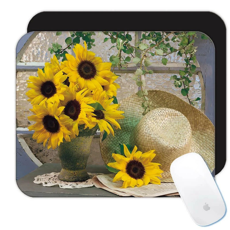Square sunflower floral mouse pad with yellow sunflowers and straw hat print