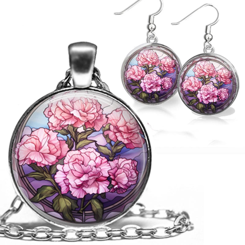 Round faux stained glass carnation necklace pendant with matching pink floral earrings