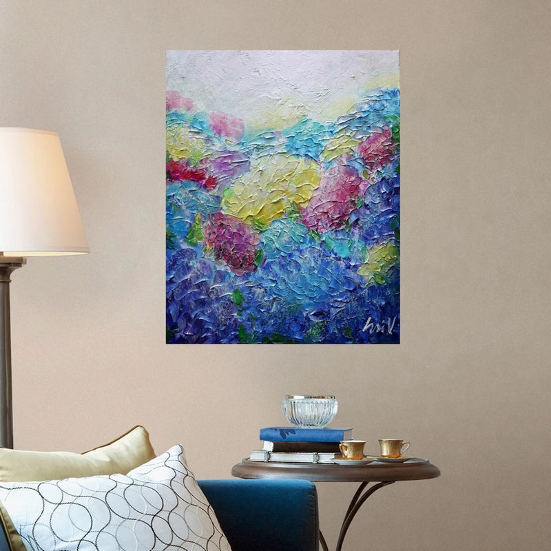 Hydrangeas Flowers, Pastel Sea of Flowers, Original Impasto Painting, Signed Hydrangea