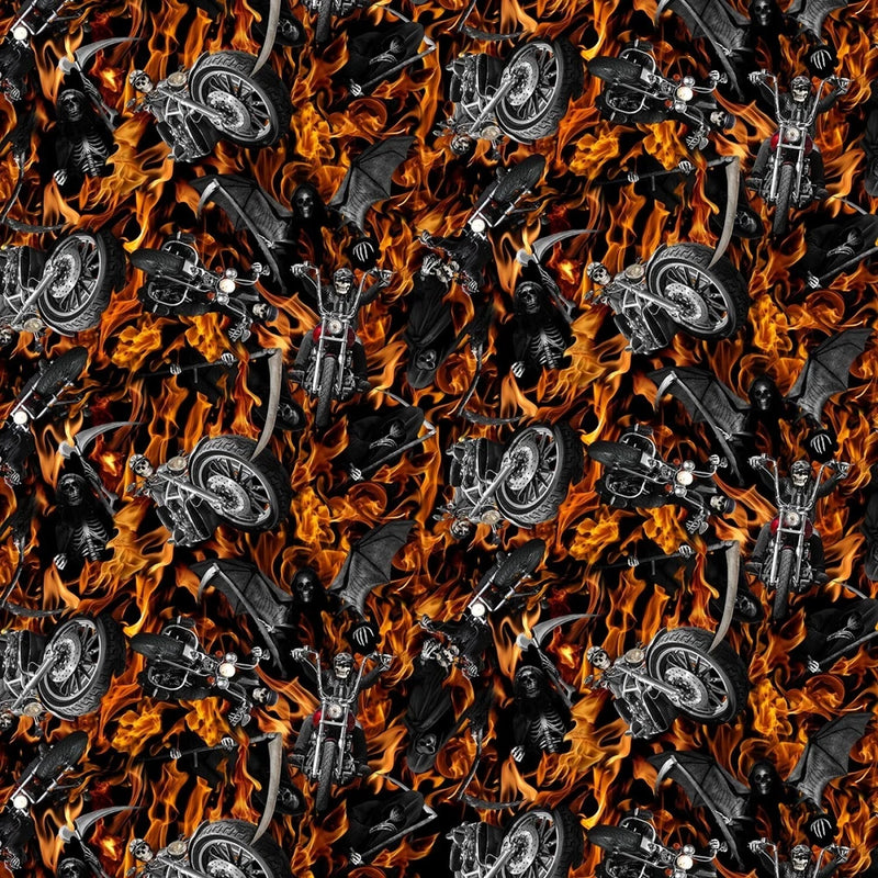 Timeless Treasures Reaper's Ride CD2415 Flame Skeletons Grim Motorcycles  Cotton Flowering Plants