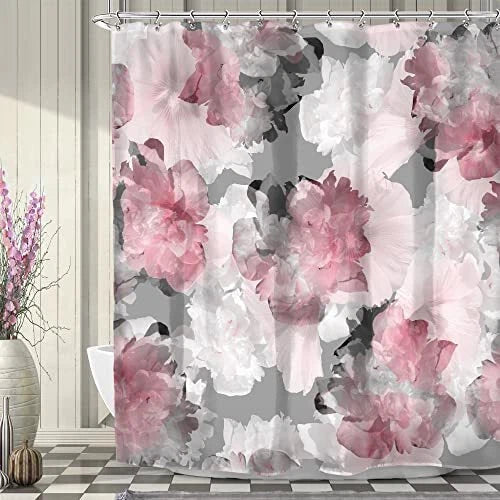 Pink and gray peony floral shower curtain with fabric and metal grommets
