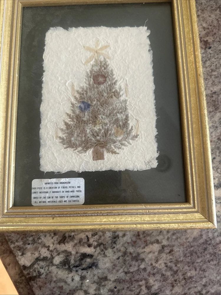 Framed Christmas tree pressed-flower art on handmade white paper, square layout