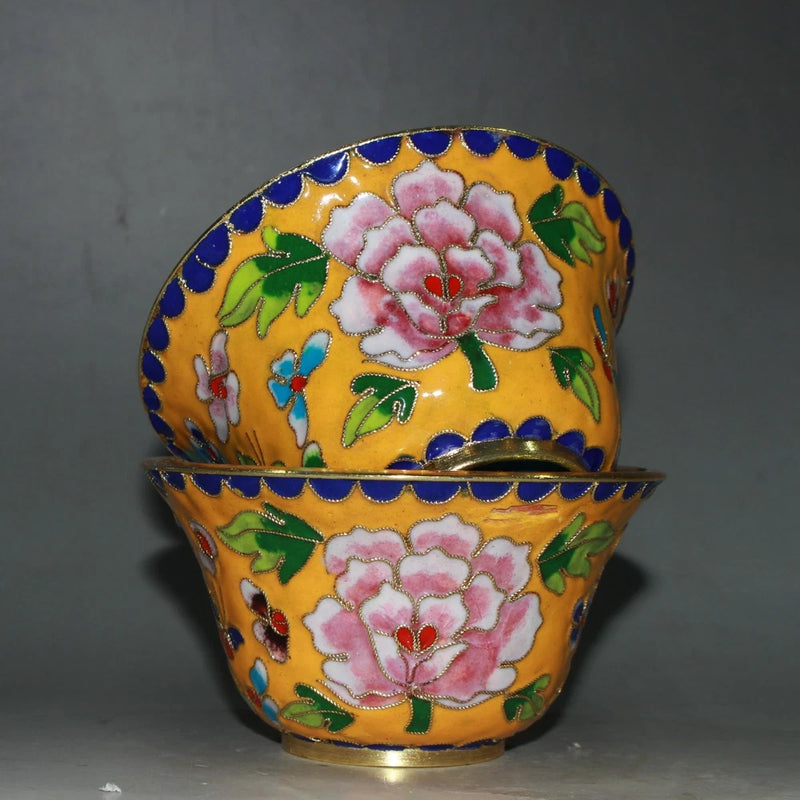 Handmade cloisonné peony tea bowl set with floral enamel and gold rim