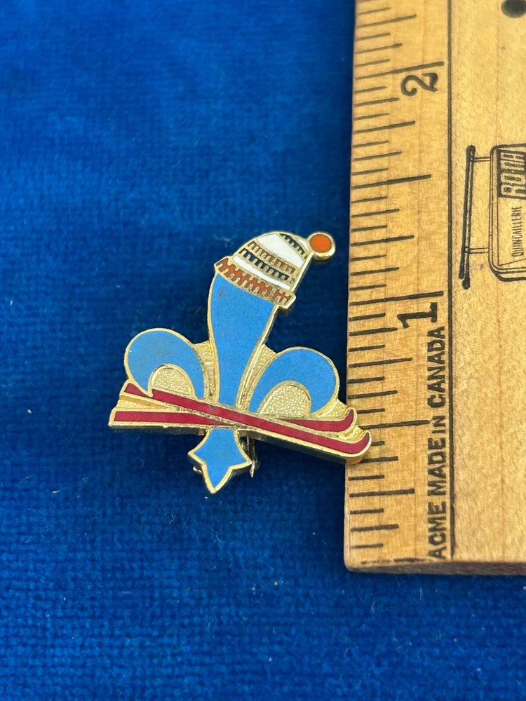 Enamel ski brooch pin with lily flower, skis and winter hat, gold-tone backing