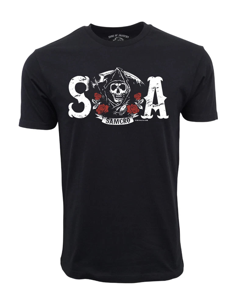 Men's black T-shirt with SAMCRO skull-and-rose graphic on the chest
