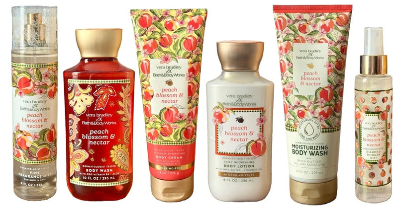 Assorted Peach Blossom and Nectar body care bottles: spray, body wash, lotion, cream.