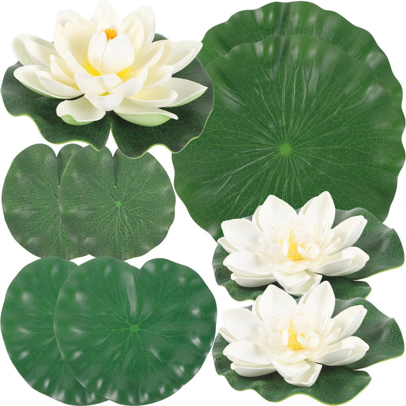 Simulated lotus flower and lily pad pond decor set with white blooms and green leaves