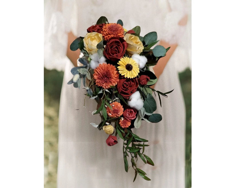 Sunflower Burnt Orange Cascade Bridal Bouquet Burgundy Fall Wedding Flowers Bouquet
