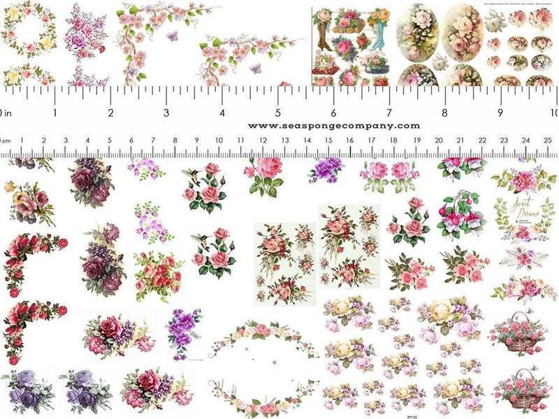 1:12 shabby chic floral rose decal sheet with many small flower sticker designs