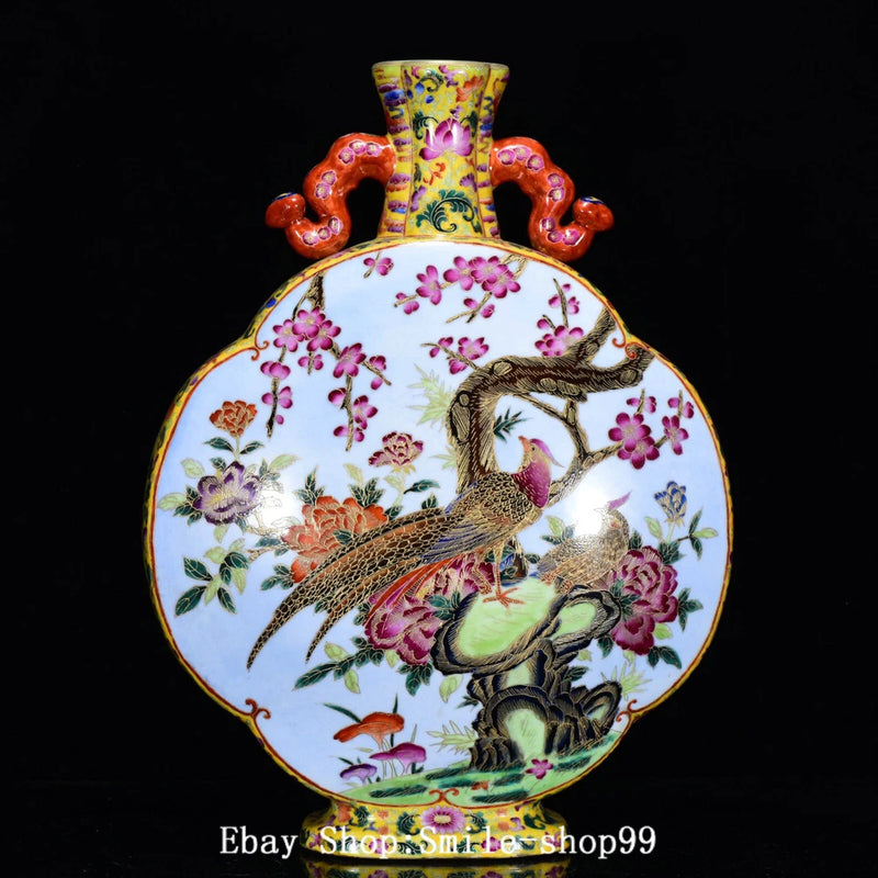 Gilt porcelain bottle vase with colorful phoenix and peony floral design, round body, handles
