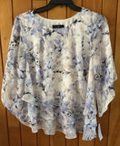 Alex Evenings Size 1X 3/4 Sleeve Printed Chiffon Blouse Pullover Blue Pink Ivory Roses